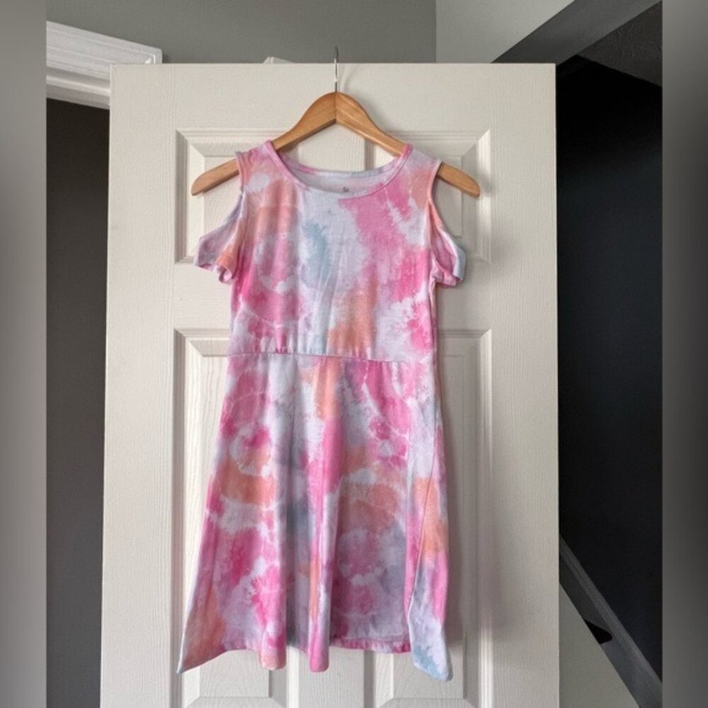 SO Girls Tie Dye Skater Dress Size L 10/12 Pink Blue Cold Shoulder Short Sleeve